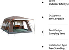 KTT Extra Large Tent 10-12-14 Person(Style-B),Family Cabin Tents,2 Rooms,3 Doors and 3 Windows with Mesh,Straight Wall,Waterproof,Double Layer,Big Tent for Outdoor,Picnic,Camping,Family Gathering