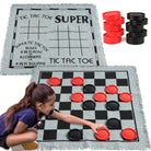 3-in-1 Vintage Giant Checkers & Tic Tac Toe Game Set - Reversible Mat with 24 Chips, Perfect for Family Fun, Indoor & Outdoor Activities