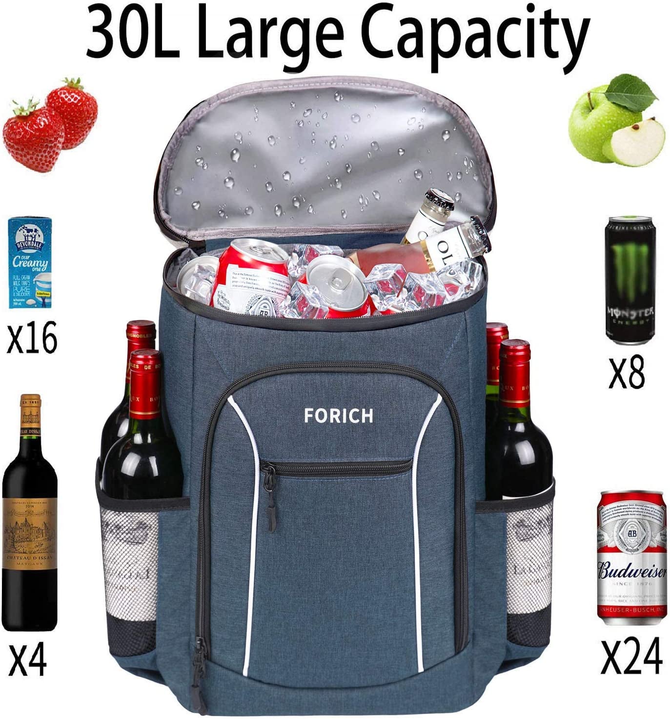 FORICH Insulated Cooler Backpack Lightweight Soft Cooler Bag Leakproof Backpack Cooler for Men Women to Lunch Work Picnic Beach Camping Hiking Park Day Trips, 30 Cans