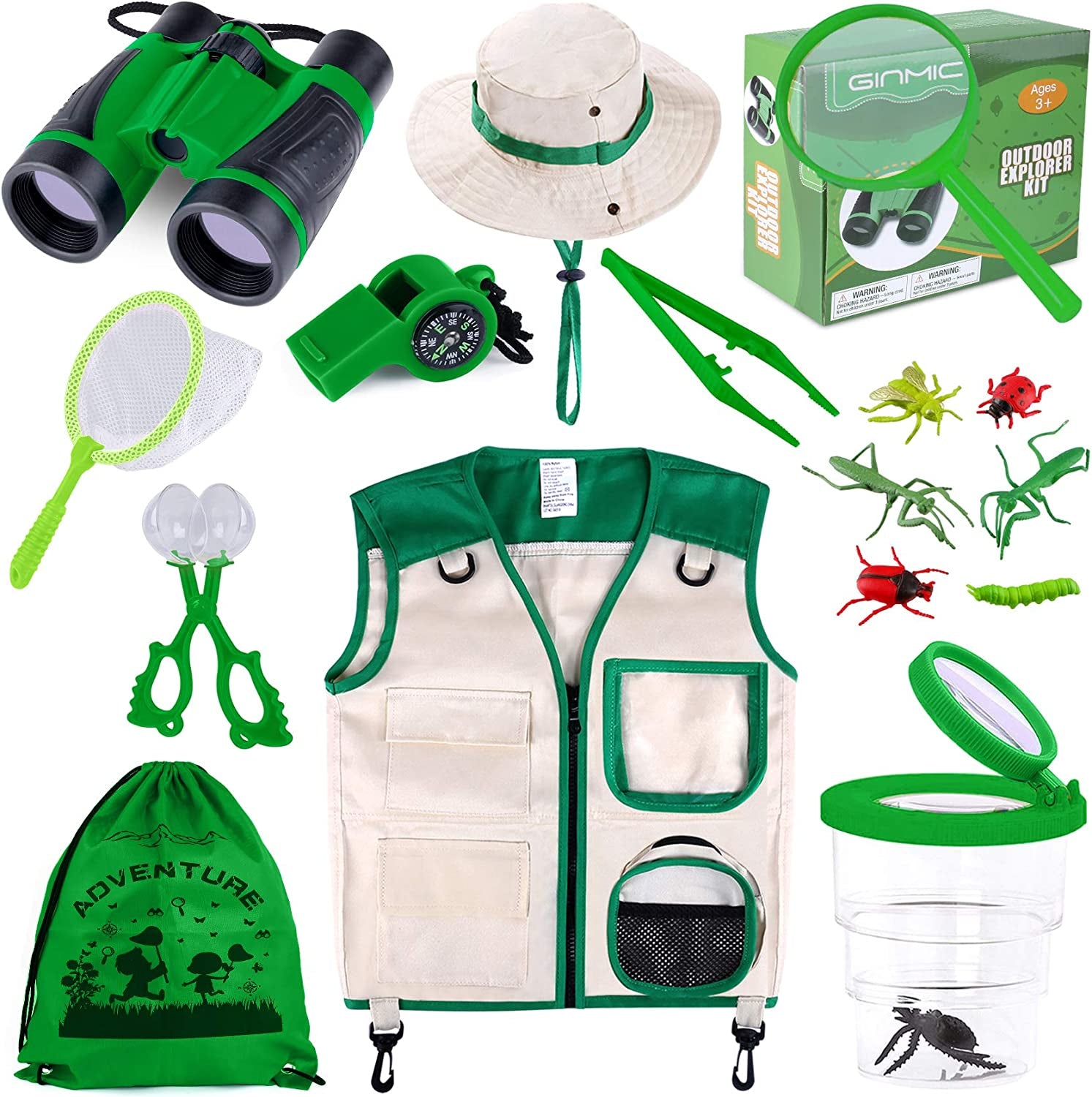 GINMIC Kids Explorer Kit & Bug Catching Kit, 11 Pcs Outdoor Exploration Kit for Kids Camping with Binoculars, Adventure, Hunting, Hiking, Educational Toy Gift for 3-12 Years Old Boys Girls