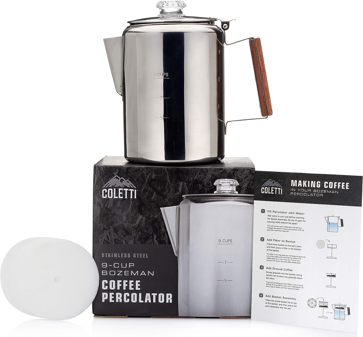 COLETTI Bozeman Percolator Coffee Pot — Camping Coffee Pot, Coffee Percolator – America’S Favorite Percolator – NO Aluminum or Plastic [9 Cup]