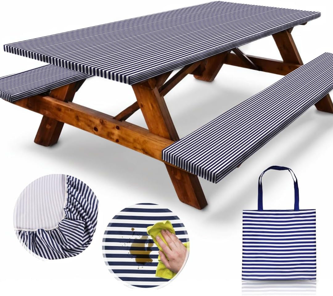 6Ft Polyester Picnic Table Cover with Bench Covers and Carrying Bag, Elastic All Around,Windproof and Waterproof Picnic Table Covers with Elastic for Camping RV Gear 72X30 Inches 4Pcs