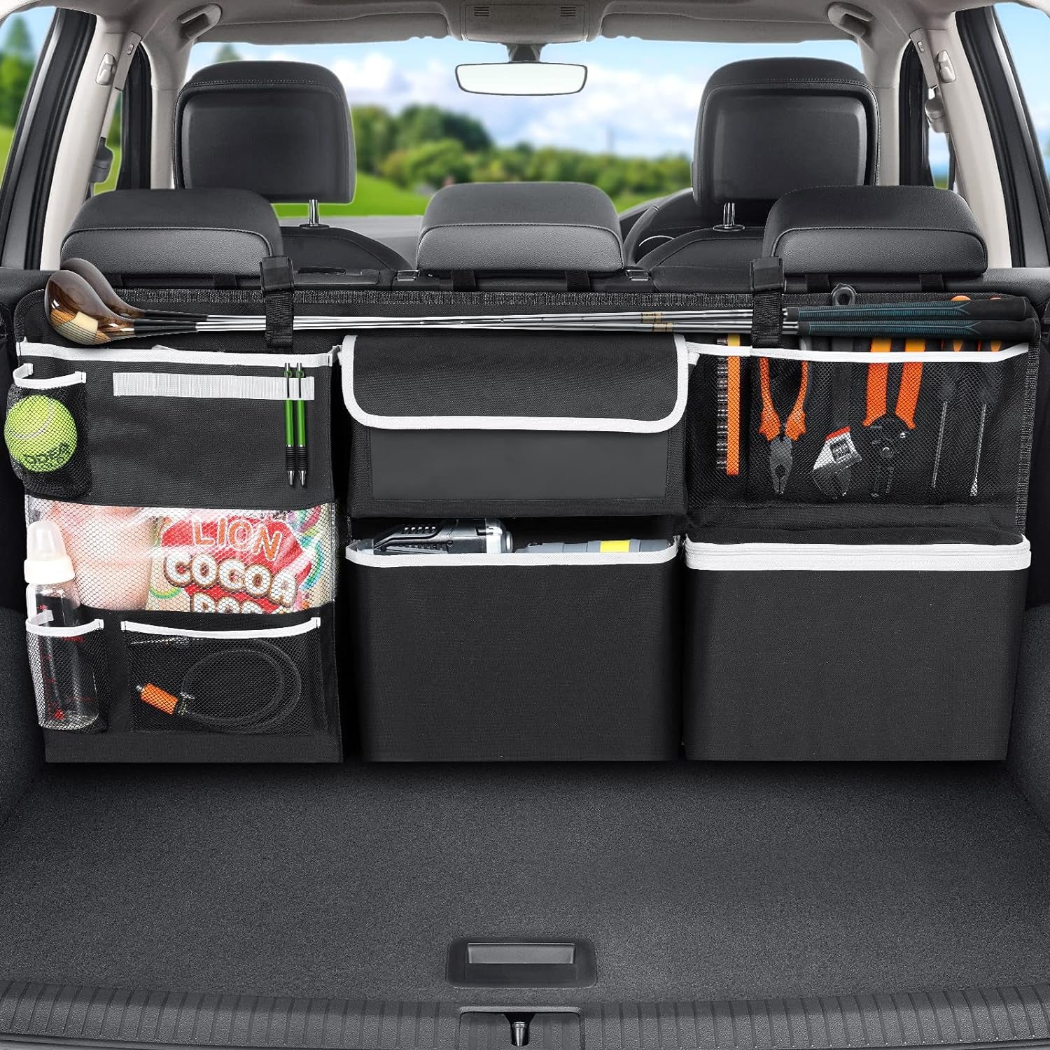 Back Seat Trunk Organizer Hanging Car Organizer Trunk Foldable Cargo Storage with 6 Large Pockets 3 Adjustable Straps 40X19Inch