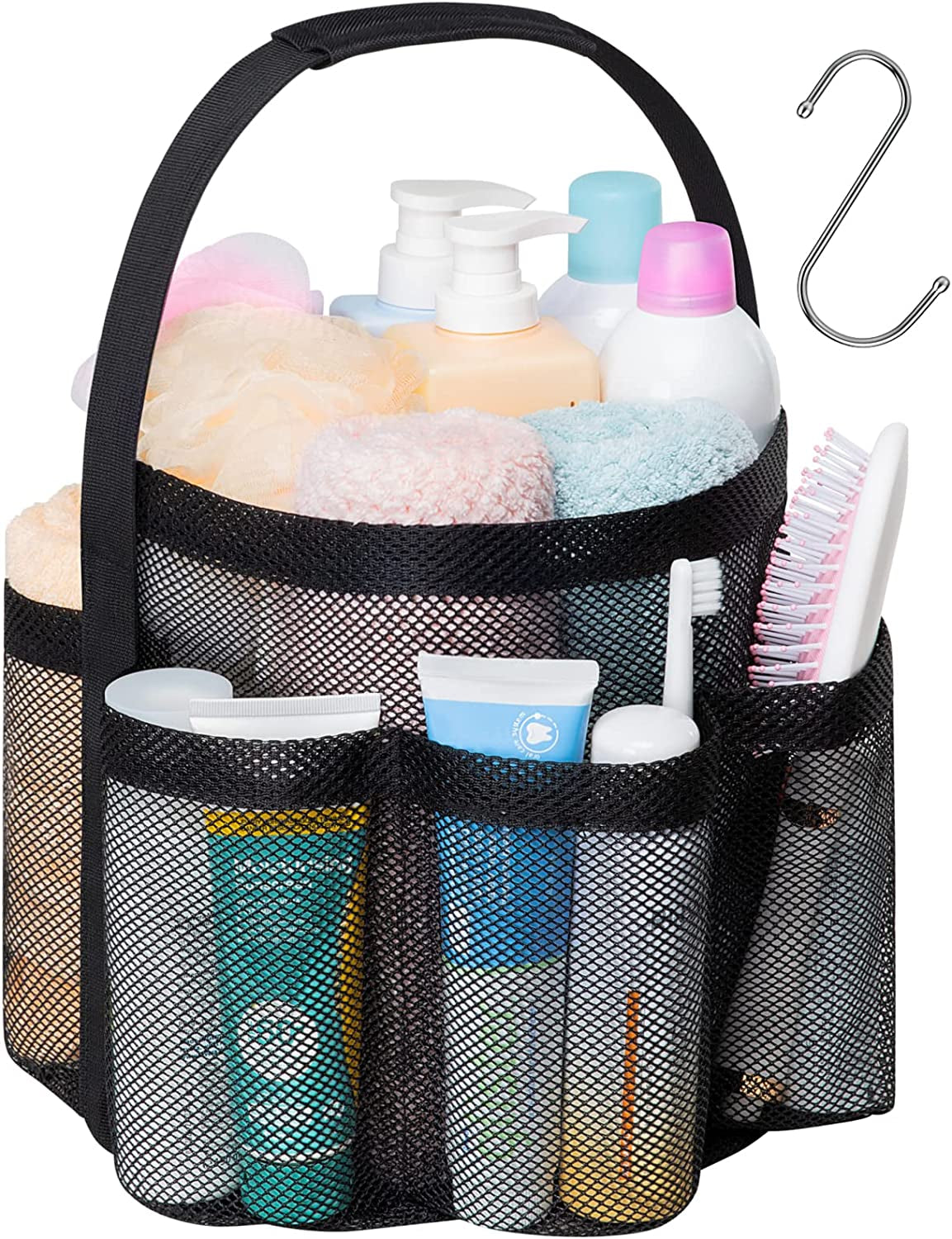 Mesh Shower Caddy Portable, Upgrade Deeper 7 Pockets Basket Bag Tote for College Dorm Room Toiletry Bathroom Essentials Gym Camp Quick Dry 2 Handles with S Hook, Black