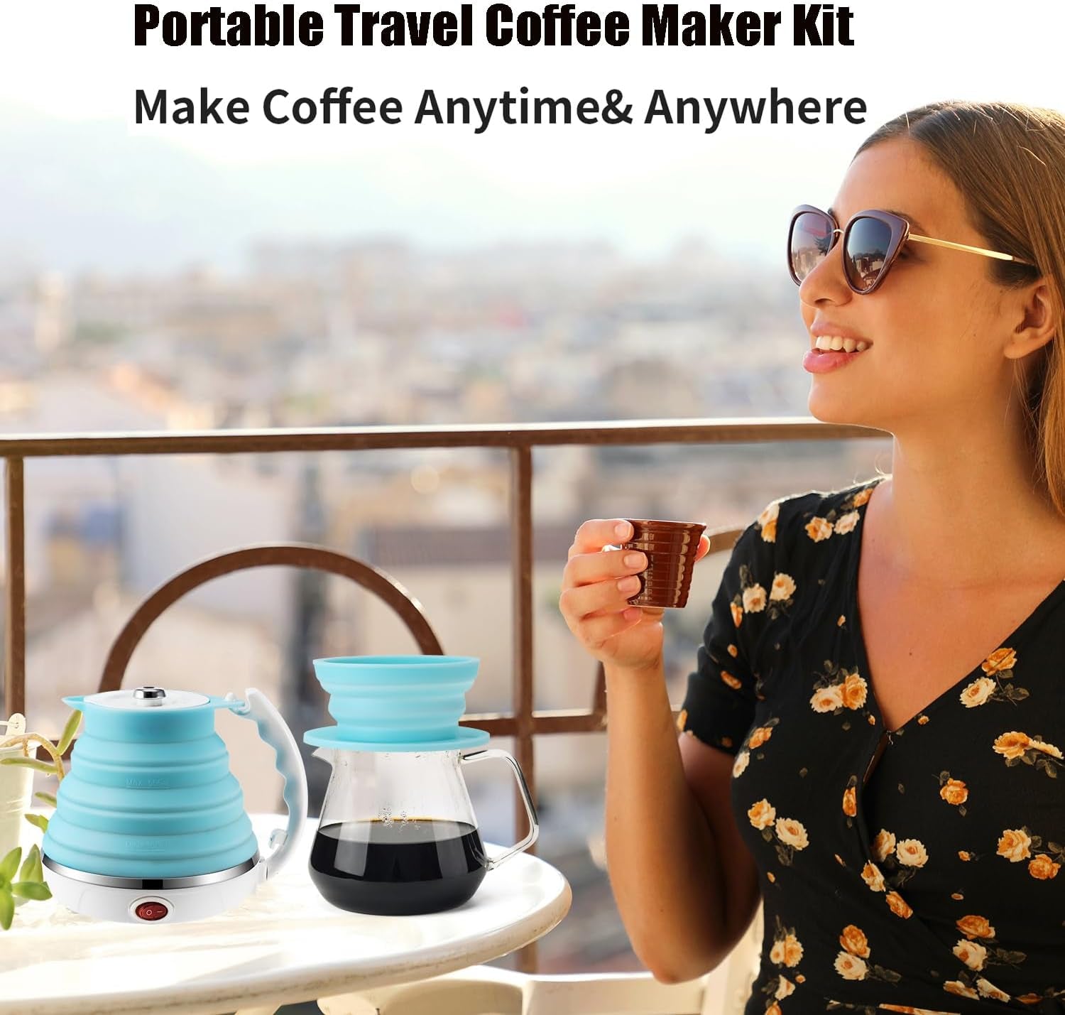 Portable Travel Coffee Maker Kit, Foldable Electric Kettle with Collapsible Coffee Dripper, 555ML 110V&220V Dual Voltage, Paperless Reusable Pour over Coffee Filter, Ideal for Camping,Travel,Camper/Rv