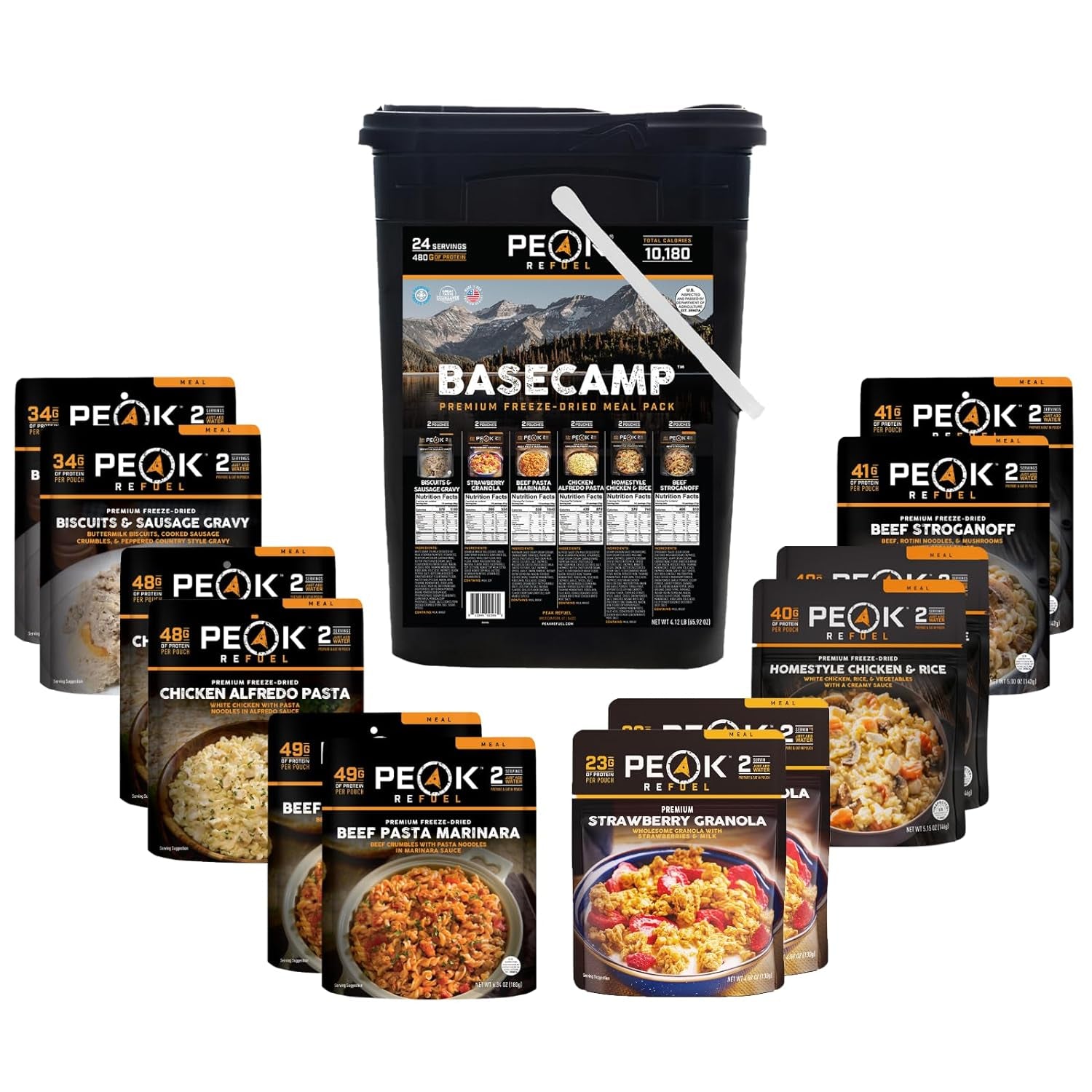 Basecamp Bucket 3.0 | 480G Protein | 10180 Calories | 100% Real Meat | Premium Freeze Dried Backpacking & Camping Food | 24 Servings | Ideal MRE Survival Meal