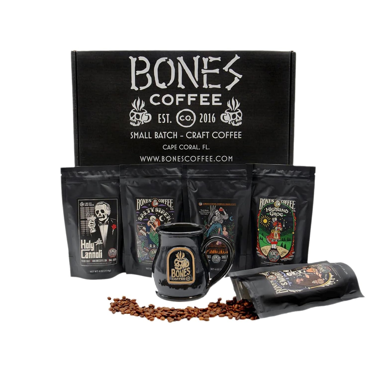 Bones Coffee Company NEW Flavors! Favorite Flavors Sample Pack | 4 Oz Pack of 5 Assorted Ground Coffee Beans | Low Acid Medium Roast Gourmet Coffee Beverages (Ground)