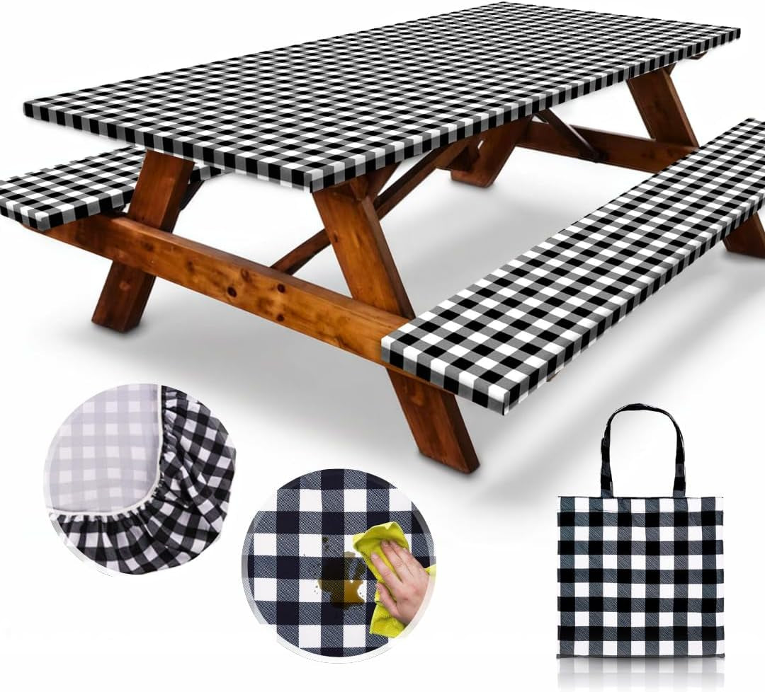 Premium 6FT Waterproof Polyester Picnic Table Cover Set with Bench Covers and Carrying Bag, Elastic and Windproof Design (72x30 Inches, 4 Pieces)