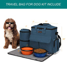 Weekend Pet Travel Set - Airline Approved Dog Travel Bag with Multi-Function Pockets, Food Storage Containers, Collapsible Bowls, Feeding Mat. Blue.