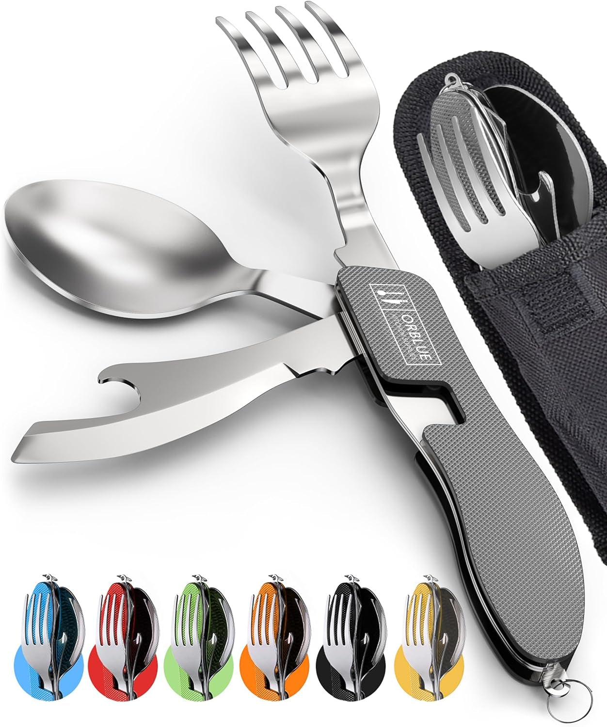 Orblue 4-In-1 Camping Utensils, 2-Pack, Portable Stainless Steel Spoon, Fork, Knife & Bottle Opener Combo Set - Travel, Backpacking Cutlery Multitool, Black