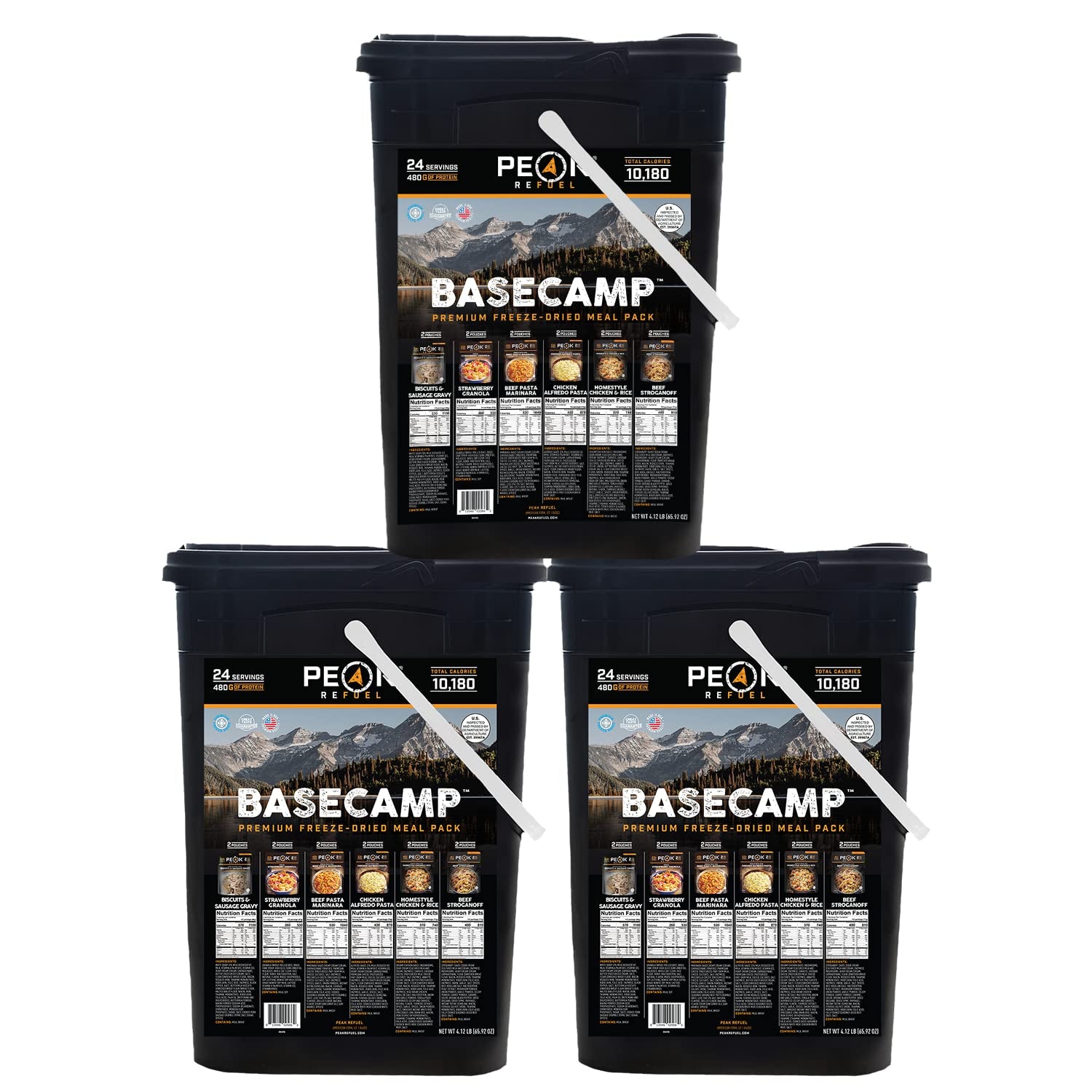 Basecamp Bucket 3.0 | 480G Protein | 10180 Calories | 100% Real Meat | Premium Freeze Dried Backpacking & Camping Food | 24 Servings | Ideal MRE Survival Meal