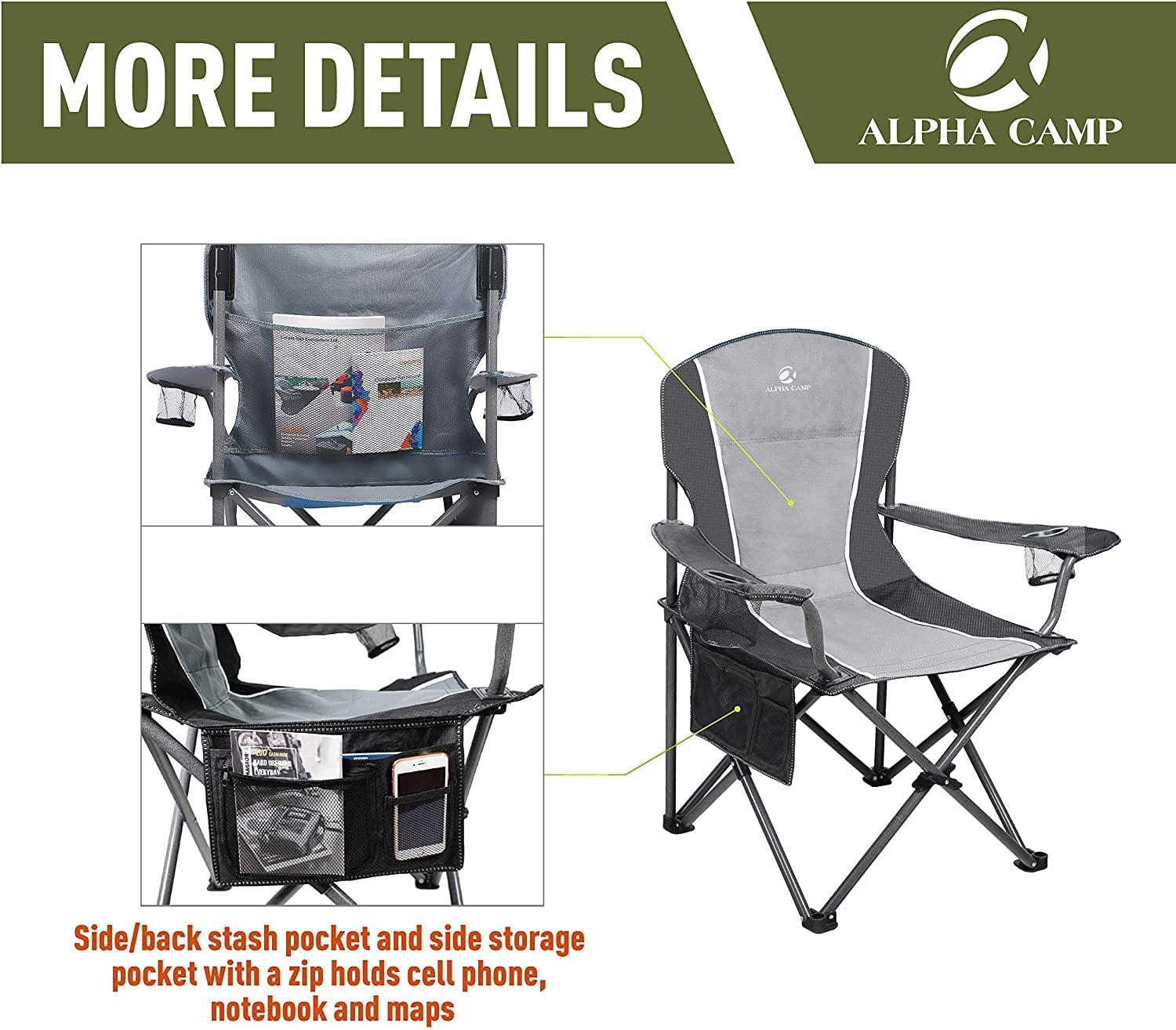 ALPHA CAMP Oversized Camping Folding Chair Heavy Duty Steel Frame Support 350 LBS Collapsible Padded Arm Chair with Cup Holder Quad Lumbar Back Chair Portable for Outdoor/Indoor