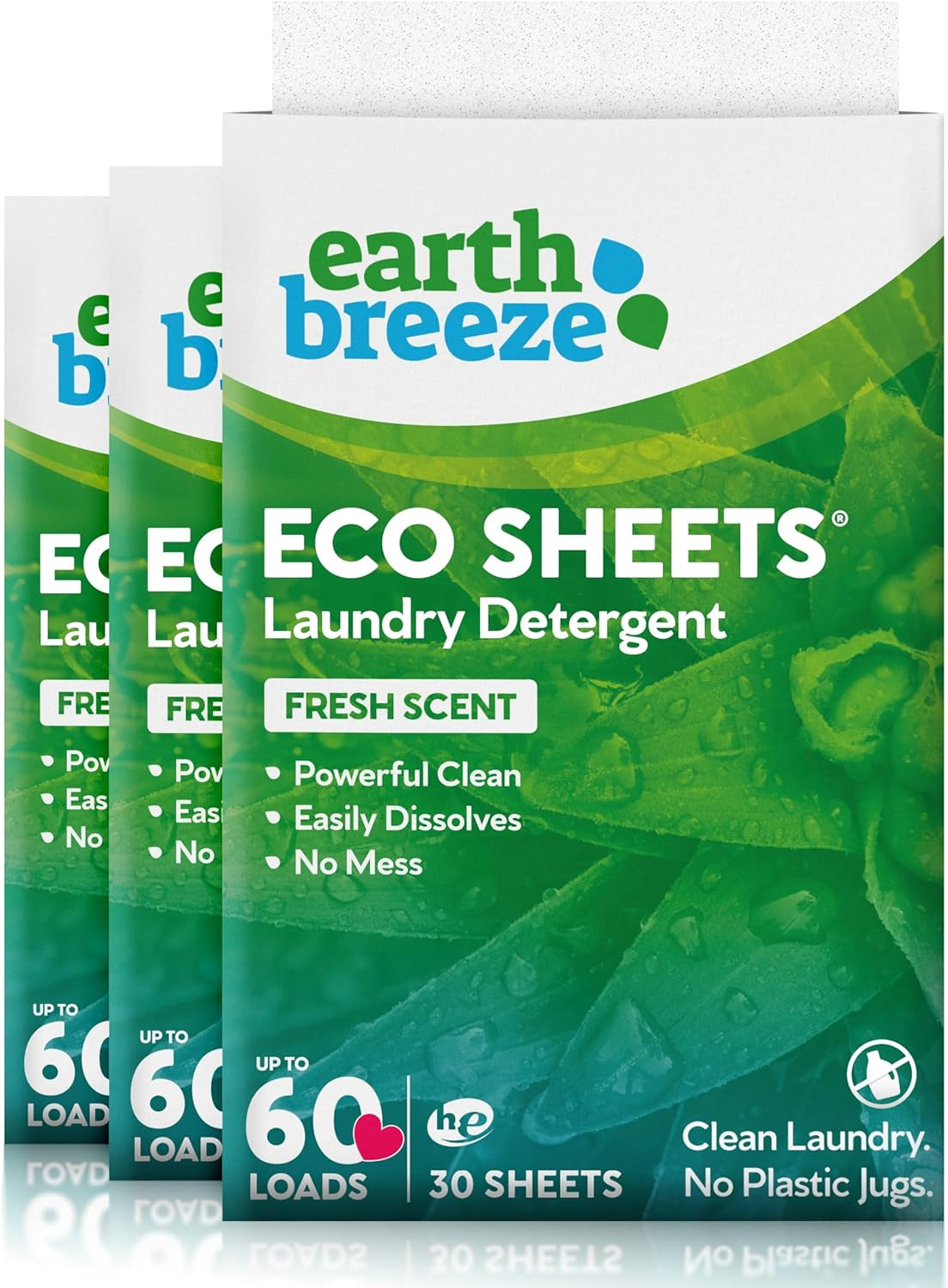 Earth Breeze Laundry Detergent Sheets Fresh Scent - 60 Loads No Plastic Jug Concentrated Laundry Detergent 30 Sheets