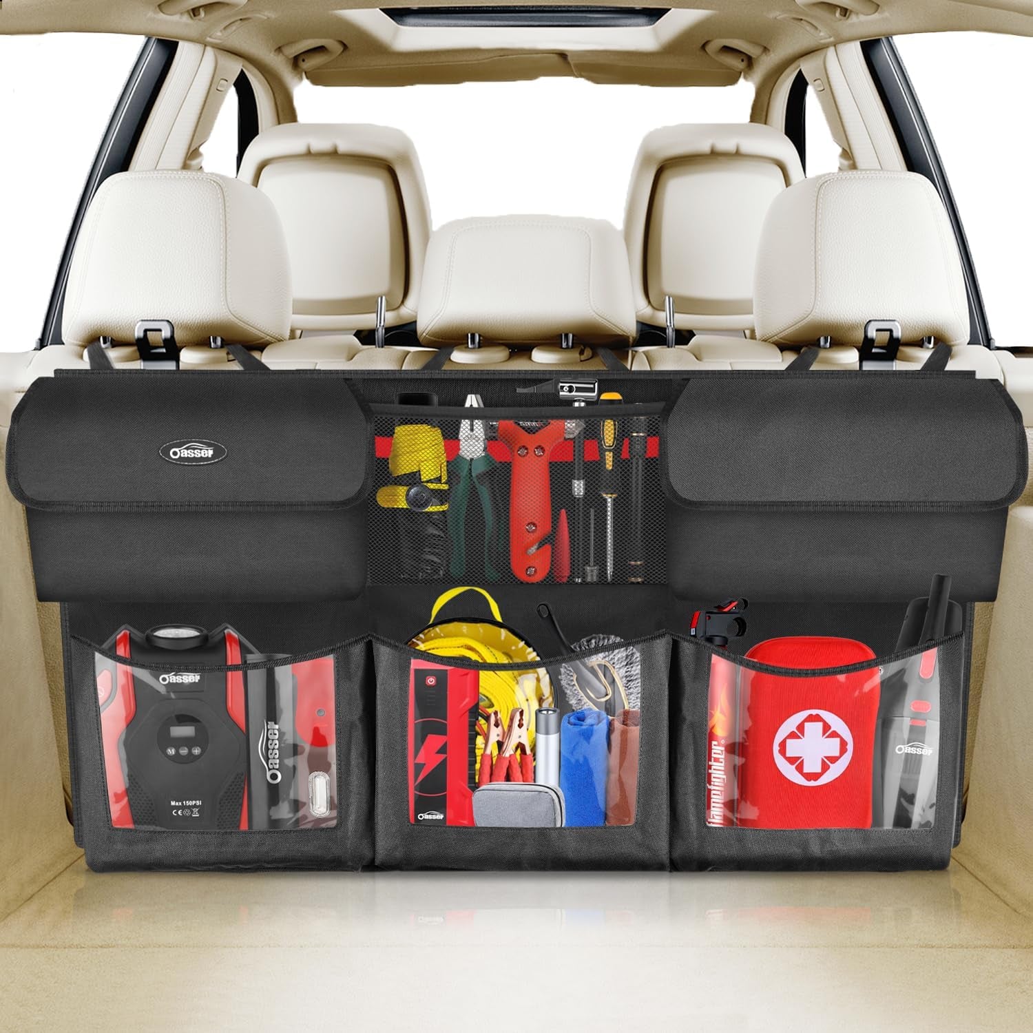 Back Seat Trunk Organizer - Foldable Cargo Storage with 6 Large Pockets and 3 Adjustable Straps, 40x19 Inches