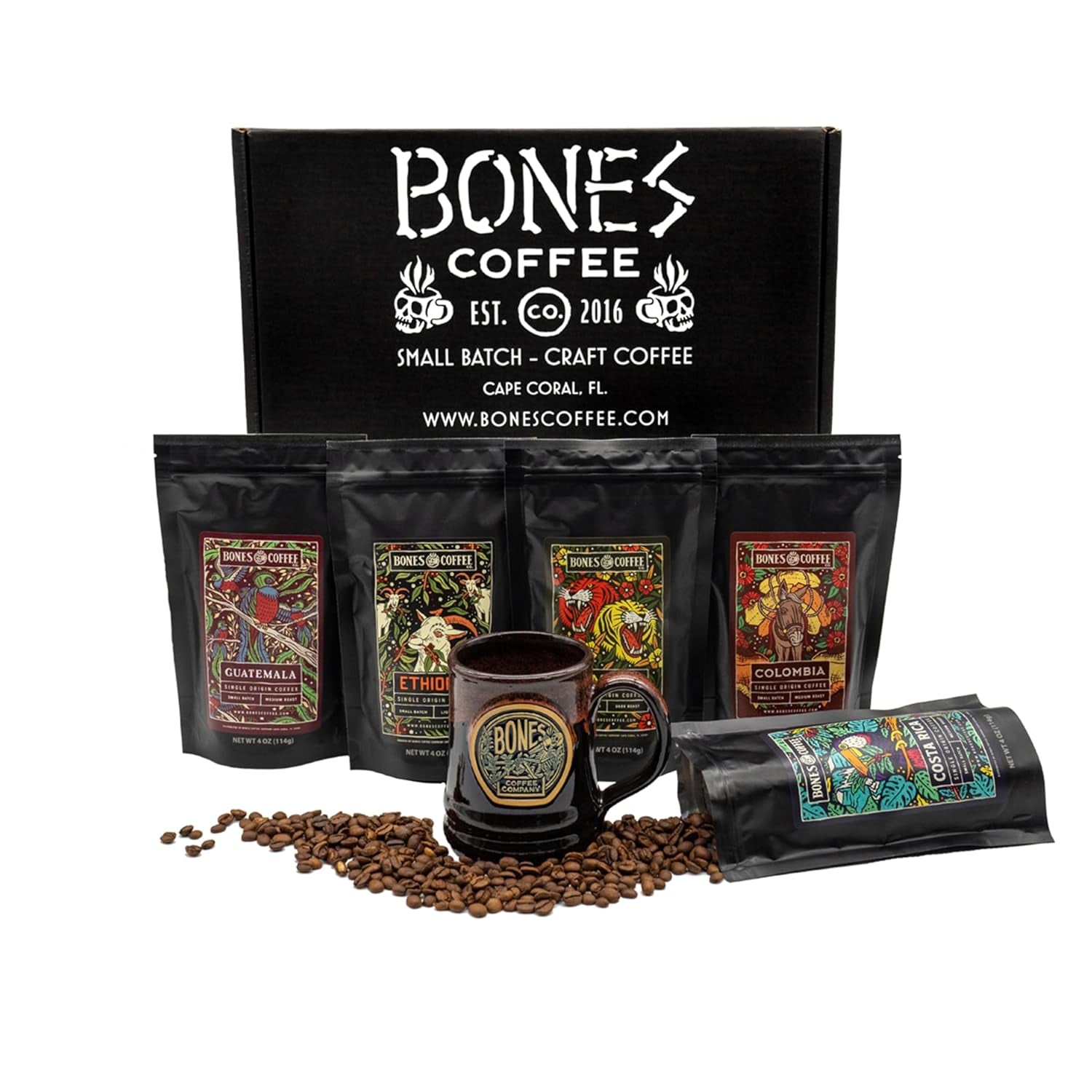 Bones Coffee Company NEW Flavors! Favorite Flavors Sample Pack | 4 Oz Pack of 5 Assorted Ground Coffee Beans | Low Acid Medium Roast Gourmet Coffee Beverages (Ground)