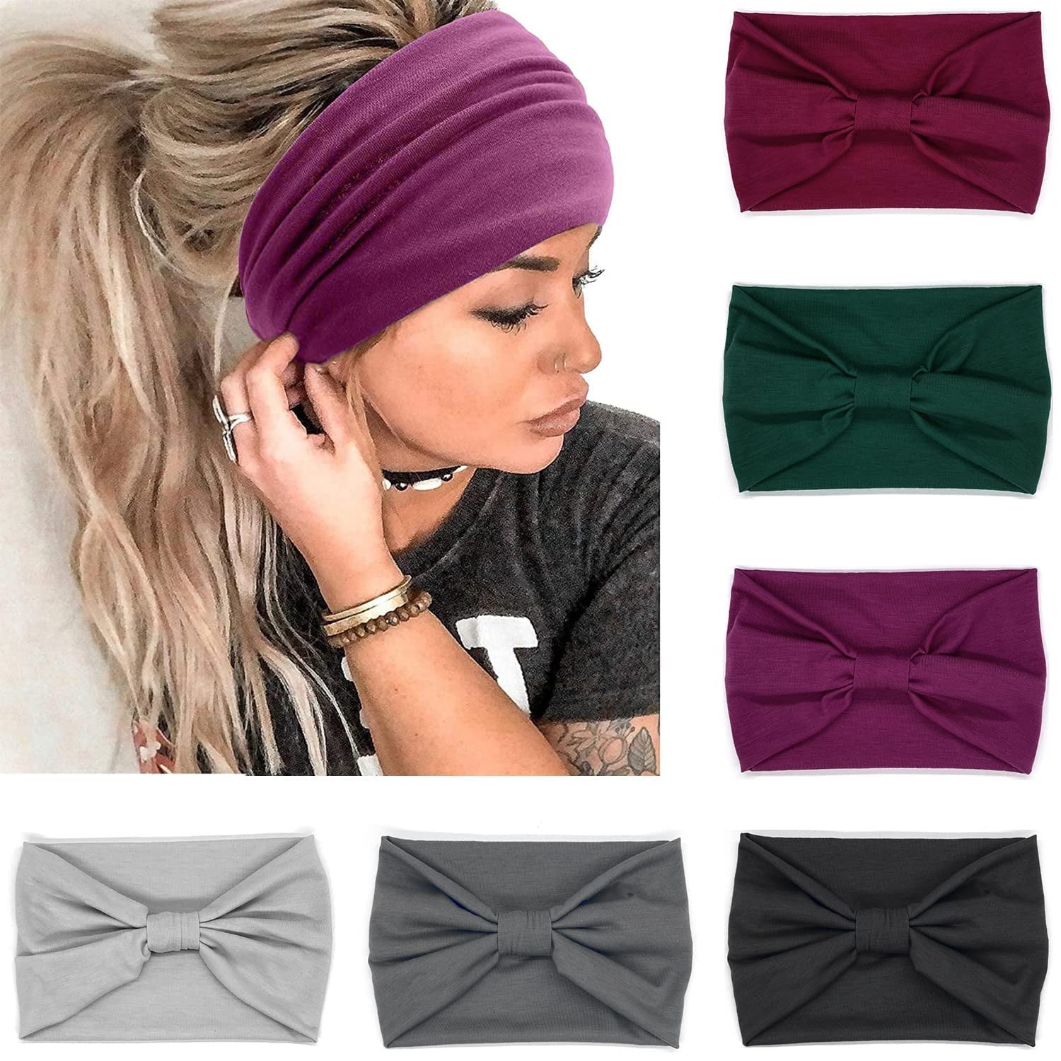 Wide Headbands for Women, Boho Knotted Head Wraps Turbans, Large African Style Head Bands Hair Accessories, 6 Pack