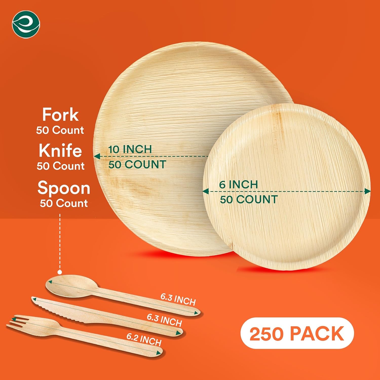 ECO SOUL 100% Compostable Palm Leaf Dinnerware Set of 250 [10", 6" round Plates, Fork, Knife, Spoon, 50 Count Each] | Biodegradable Disposable Utensils for Wedding, Parties, BBQ