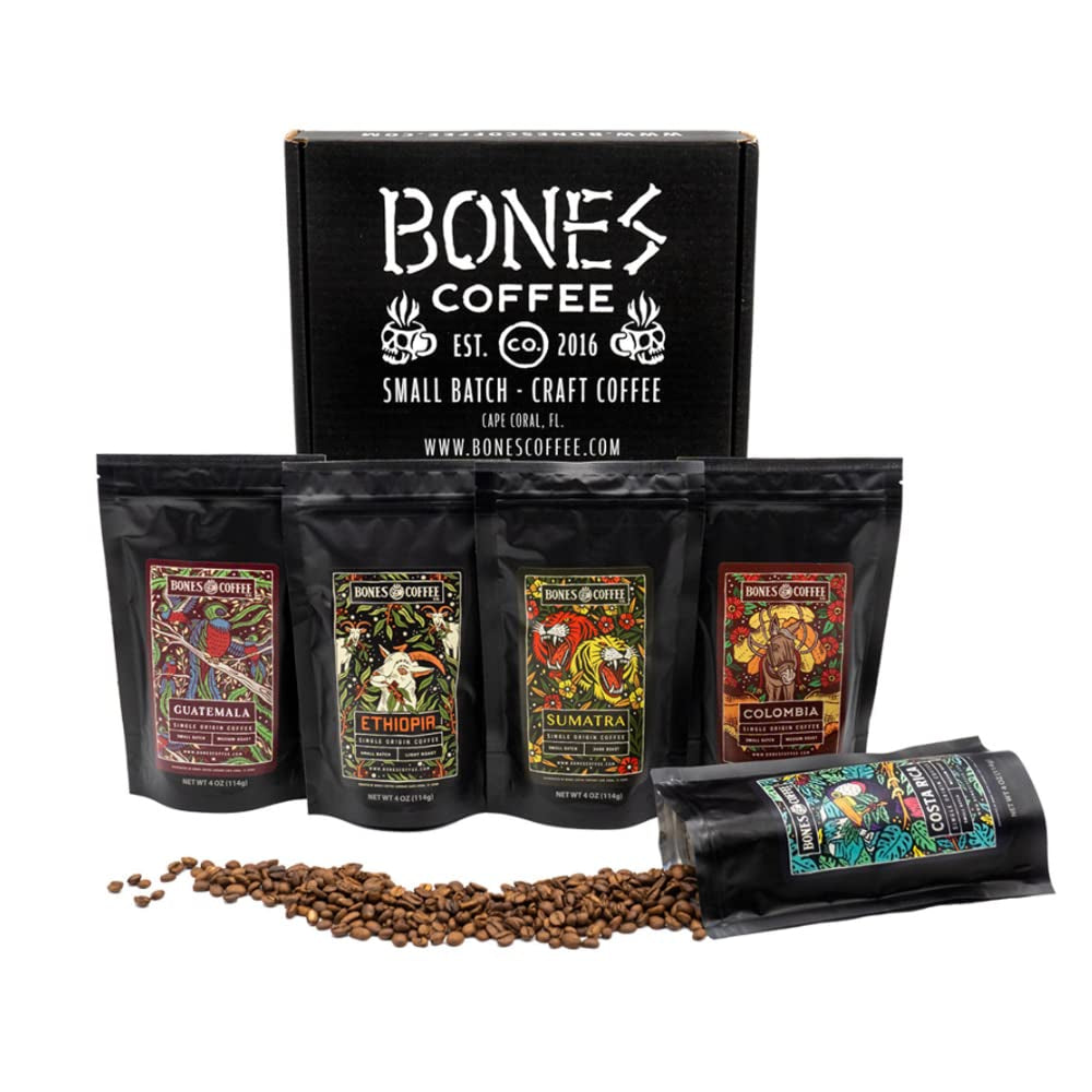 Bones Coffee Company NEW Flavors! Favorite Flavors Sample Pack | 4 Oz Pack of 5 Assorted Ground Coffee Beans | Low Acid Medium Roast Gourmet Coffee Beverages (Ground)