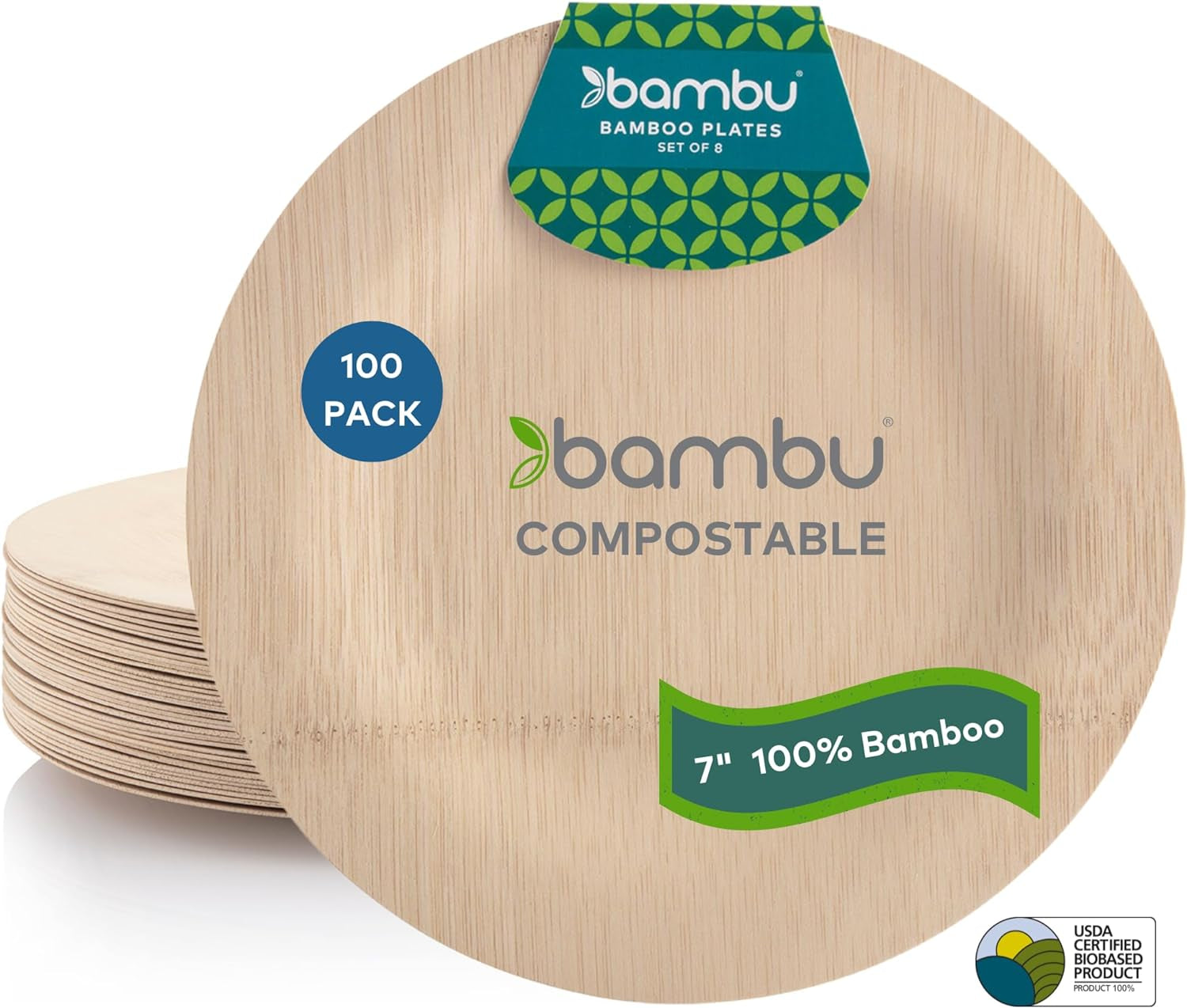 Bambu, Veneerware Disposable Bamboo round Plates, 100% Biodegradable Flat Tableware - 11", Pack of 25