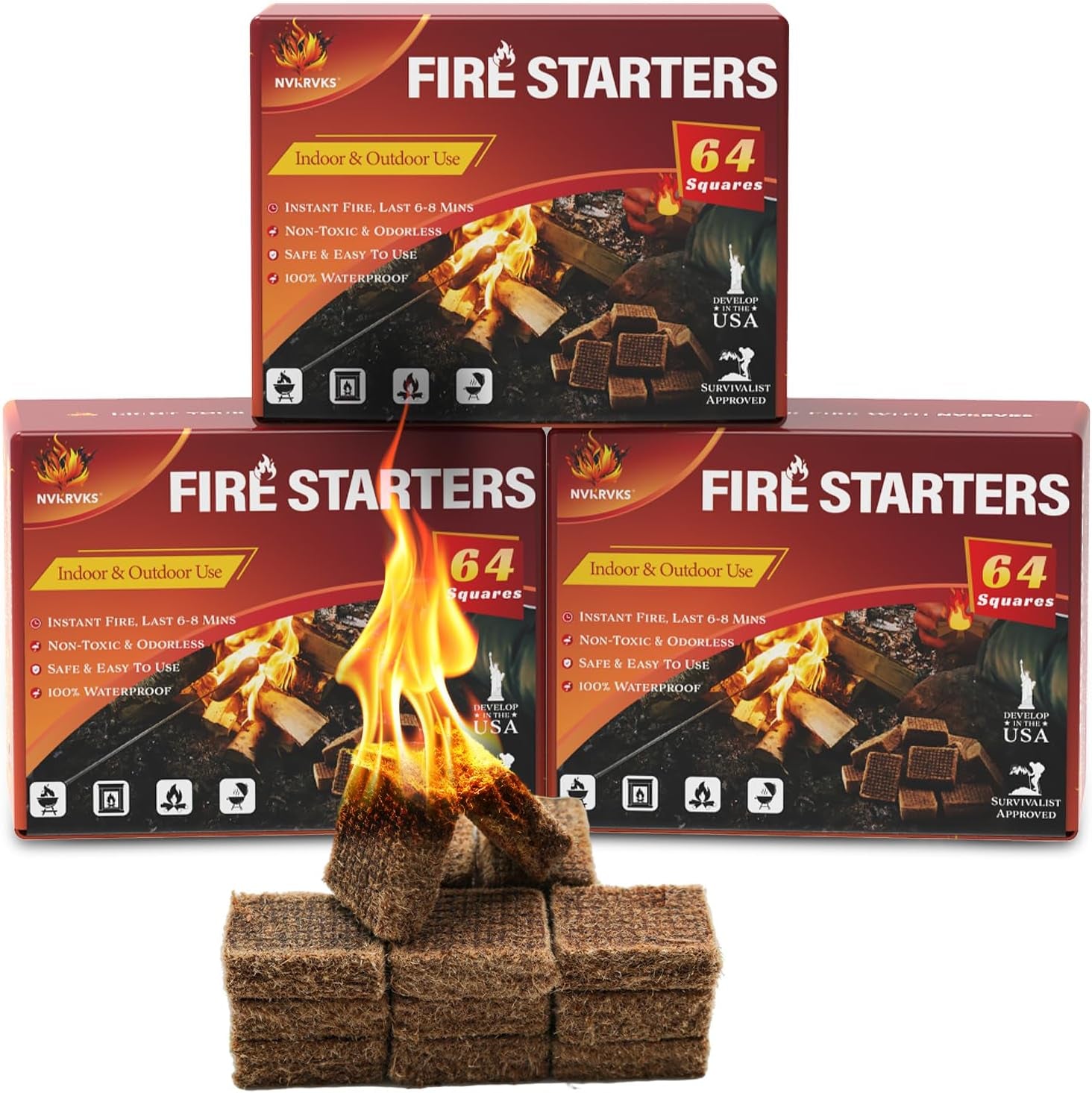 Natural Waterproof Fire Starter Squares - Easy-Burning for Wood Stoves, Campfires, Grills, and Fireplaces, Pack of 64 Mini Squares