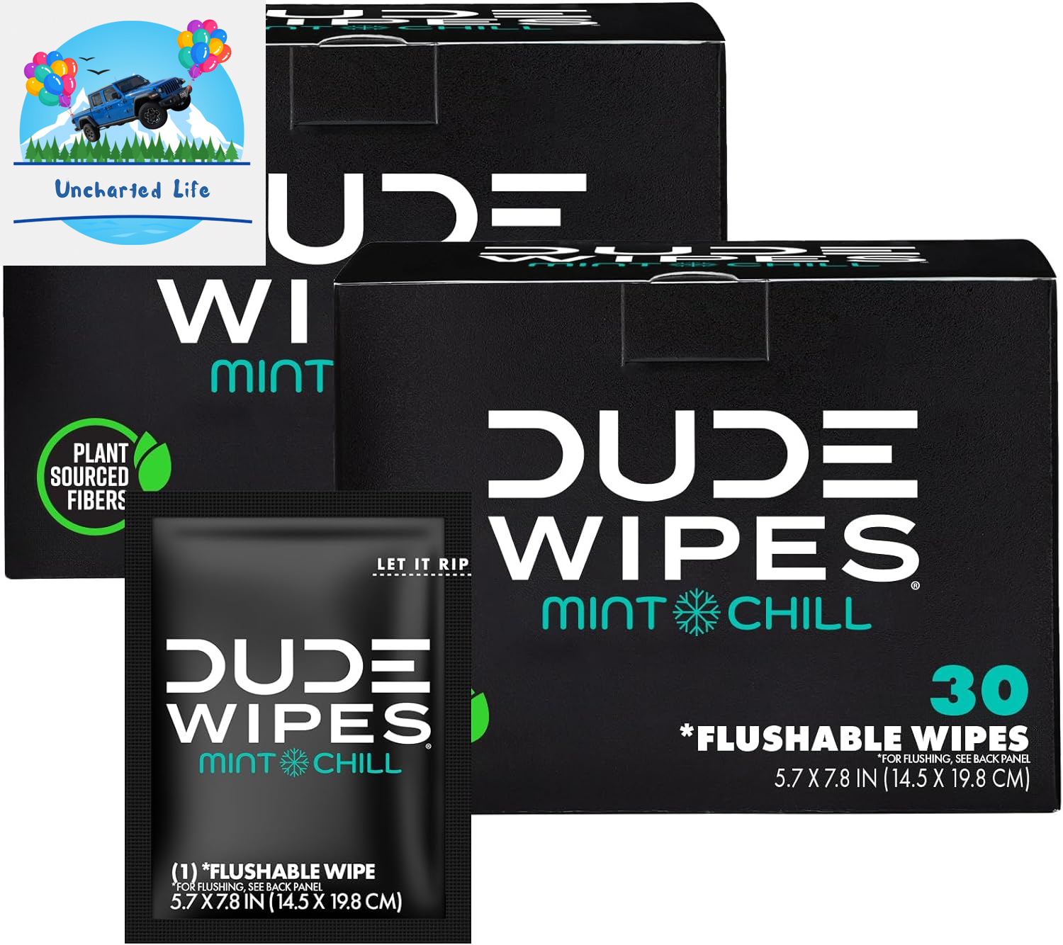 Flushable Wipes - 30 Ct, Mint Chill, Extra-Large, Individually Wrapped, Eucalyptus & Tea Tree, Septic Safe