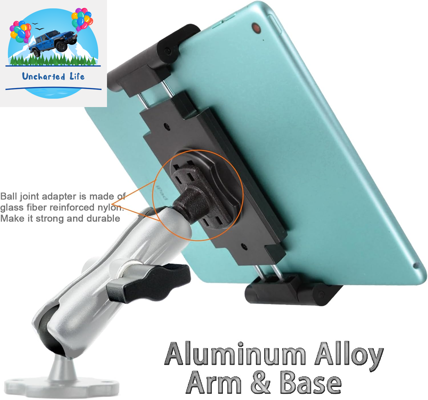 Aluminum Arm Heavy Duty Tablet Mount Drill Base - for 6.5"-12.9" Tablet Ipad Pro/Mini, Ipad Holder for Truck, Cars,Dashboard,Desk,Wall Mouning-Swivel with 1 Inch/25Mm Ball Joint