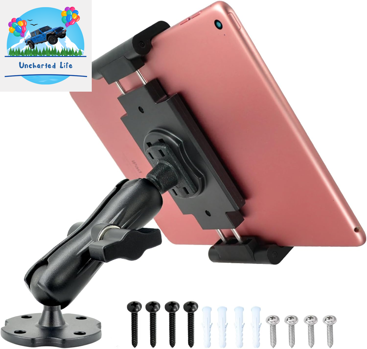 Aluminum Arm Heavy Duty Tablet Mount Drill Base - for 6.5"-12.9" Tablet Ipad Pro/Mini, Ipad Holder for Truck, Cars,Dashboard,Desk,Wall Mouning-Swivel with 1 Inch/25Mm Ball Joint