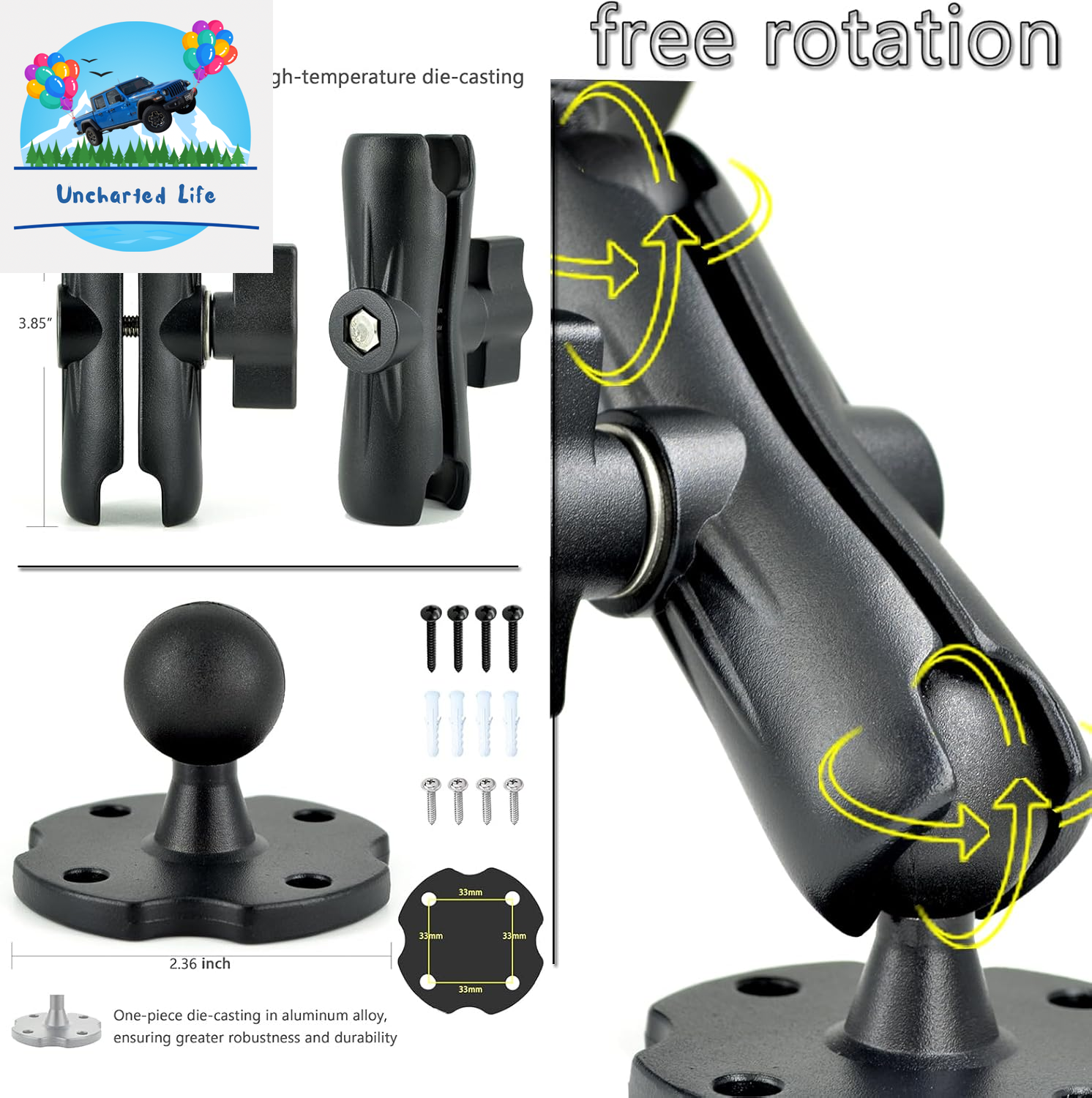 Aluminum Arm Heavy Duty Tablet Mount Drill Base - for 6.5"-12.9" Tablet Ipad Pro/Mini, Ipad Holder for Truck, Cars,Dashboard,Desk,Wall Mouning-Swivel with 1 Inch/25Mm Ball Joint